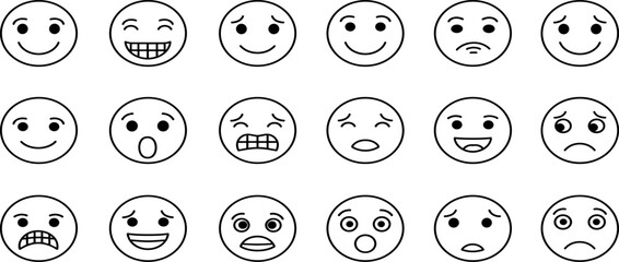 A collection of diverse facial expressions represented through simple black and white emoticon illustrations.