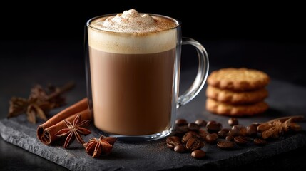 Warm and Inviting Cup of Coffee with Delicious Cookies and Aromatic Spices on Dark Slate Surface