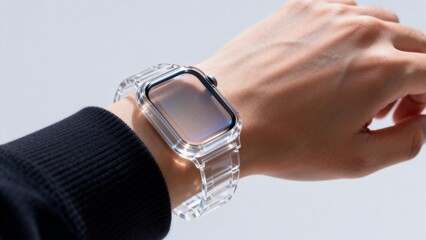 Person wearing transparent smartwatch