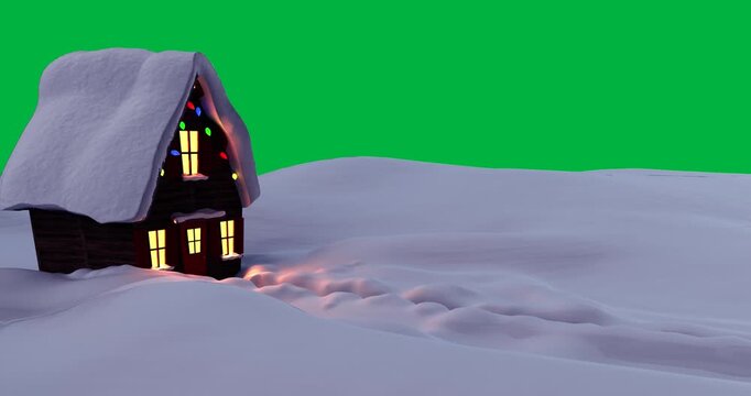 Animation of winter scenery with rustic house and fairy lights covered in snow on black background
