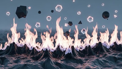 Surreal digital art of flames with floating geometric shapes against a moody sky