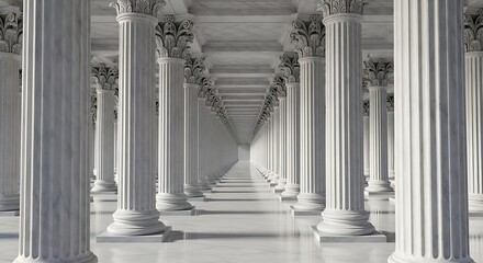 An endless corridor of white, fluted columns stretches towards a vanishing point. The classical architecture creates a sense of symmetry and grandeur