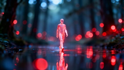Glowing figure walks through forest