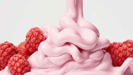 A stunning macro shot reveals a velvety pink mousse textured dessert, adorned with vibrant fresh raspberries. The rich hues invite indulgence and celebration of gourmet artistry