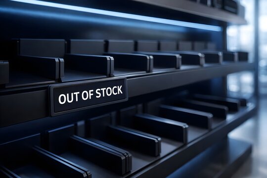A close-up view of empty black retail shelves featuring a digital out of stock sign in a sleek shop.