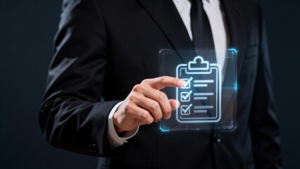 Businessman interacting with holographic checklist