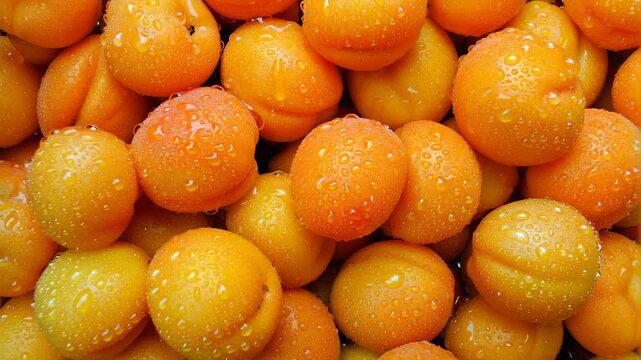 Glistening apricots rest together, beads of water clinging to their surface, capturing the essence of freshness and the rich hues of nature