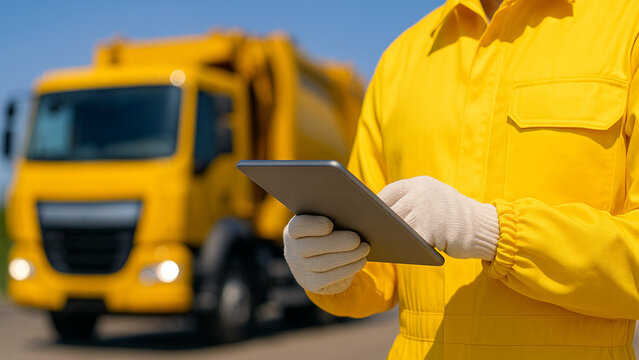 Man in uniform operating a dump truck while controlling the loading of coal or goods with a tablet computer.