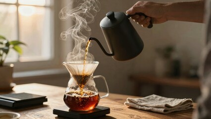 Pouring hot water into coffee brewer