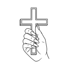 Icon of a beautiful woman's hand holding a Catholic cross, representing spirituality and devotion