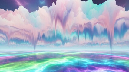 surreal dreamlike sky with vibrant colorful clouds and luminous oceanic surface broad view