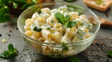 Close up of a bowl filled with pasta salad cucumber and fresh mint on a textured gray surface