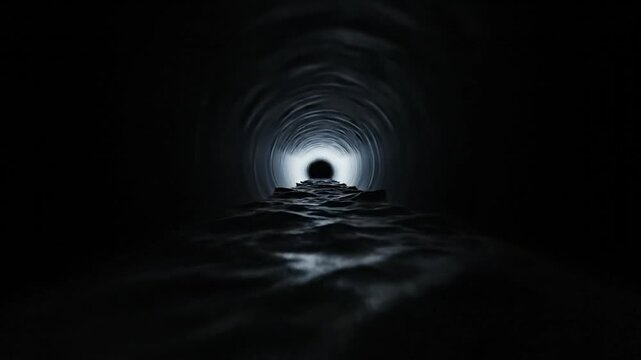 Dark, swirling tunnel with a bright light at the end, water below
