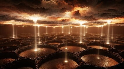 Surreal Landscape with Mysterious Circular Pools and Glowing Light Beams under Dramatic Sky