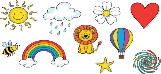 Vibrant illustrations of a lion, rainbow, and hot air balloon under sunny skies with clouds and flowers