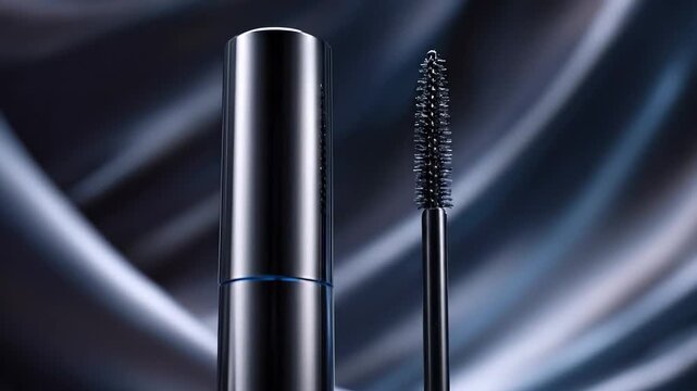 Sleek black mascara tube with an open wand displayed against luxurious dark blue silk fabric for beauty product concept and sophisticated studio photography