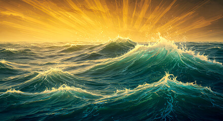 Majestic ocean waves cresting under a breathtaking golden sky, illuminated by the radiant glow of a vibrant sunset or sunrise, capturing nature's powerful beauty