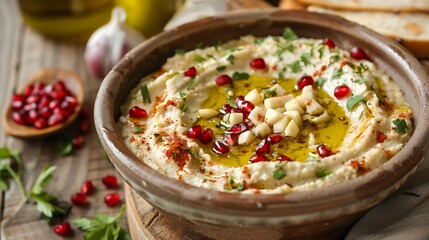 A bowl of hummus topped with pomegranate seeds and olive oil on a wooden table with garlic and bread