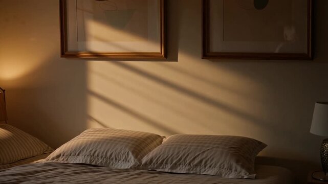 Soft warm sunlight streams across a cozy bedroom wall casting dramatic striped shadows over the neatly made bed with striped pillows and framed artwork above.