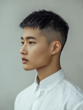 Side profile of a handsome Korean man with short trendy crop cut hairstyle wearing a white shirt, clean grooming and barber concept