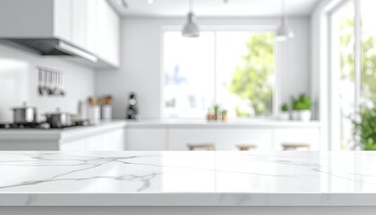 A bright, modern kitchen with white cabinetry and marble countertop, showcasing a clean atmosphere