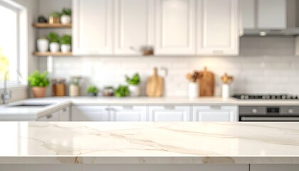 Fototapeta premium A bright kitchen with a marble countertop, white cabinets, and greenery accents creating warmth