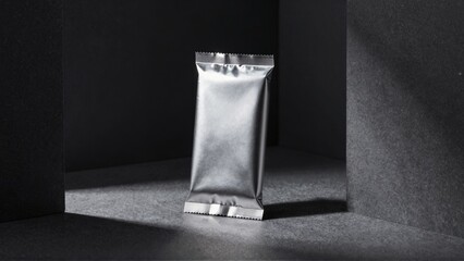 Silver foil packet in minimalist dark studio