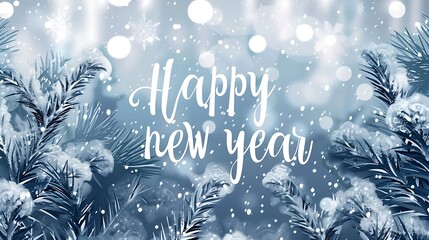 Happy new year text with snow falling and pine branches in a festive winter scene background design