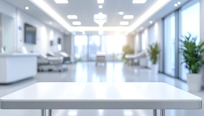 A clean, modern hospital interior with bright lighting, plants, and sleek furniture in the background