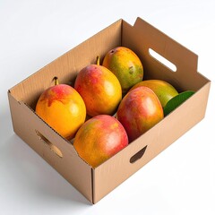 Box of colorful, ripe tropical fruit on a white background
