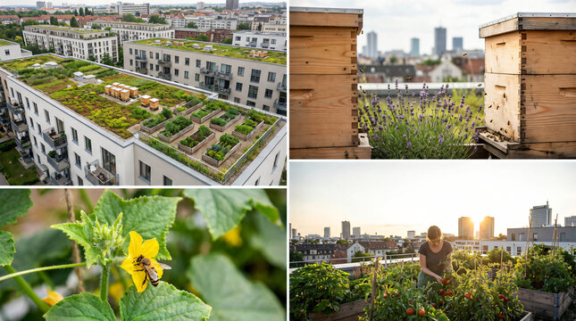 AI-Generated image of Urban Rooftop Garden and Beekeeping in City Environment