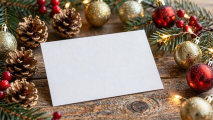 Christmas card with festive decorations on wooden table