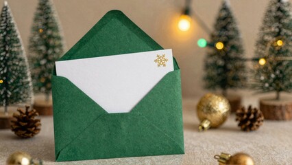 Green envelope with snowflake card and Christmas decorations