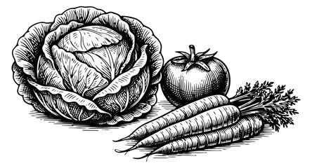 Fototapeta premium Hand drawn line art vegetable set featuring cabbage, tomato, and carrots for food concepts