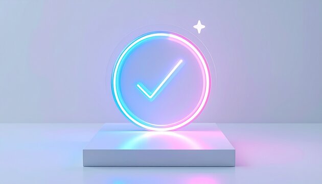 Neon check mark icon on 3D podium for success and verification チェックポイントを表すのネオンチェックマーク パステルカラー - Powered by Adobe