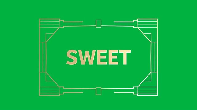 Animation of gold text sweet, in decorative gold frame, on black background