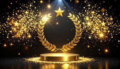 Golden award podium with laurel wreath and stars on black background　黒背景に月桂冠と星が輝く豪華なゴールドの表彰台ステージ　デジタルイラスト