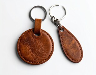 Two brown leather keychains with metal rings, lying on a white surface