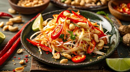 Close up of som tum salad with cashew nuts and red chili peppers on a dark green plate on wood