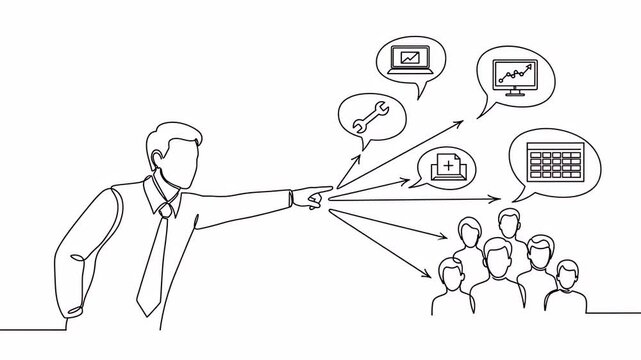 Businessman directing ideas to a group line art illustration