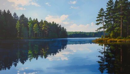Fototapeta premium A tranquil lakeside scene reflecting pine trees and a clear sky, with vibrant colors and serene water