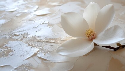 A delicate white flower rests on a textured, creamy surface, highlighting its natural beauty