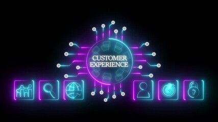 Animated digital illustration depicting the concept of omnichannel customer experience global. Customer Experience Concept with Icons and Circuit Board Design on Dark Background client service. - Powered by Adobe