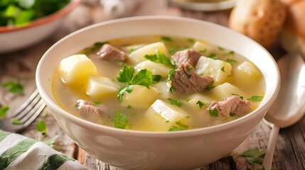 A bowl of potato and beef soup with parsley garnish on a wooden table with potatoes in the background