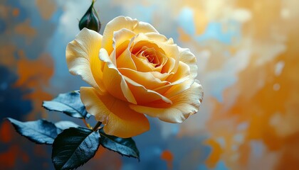 A close-up of a vibrant yellow rose with delicate petals against an abstract colorful background
