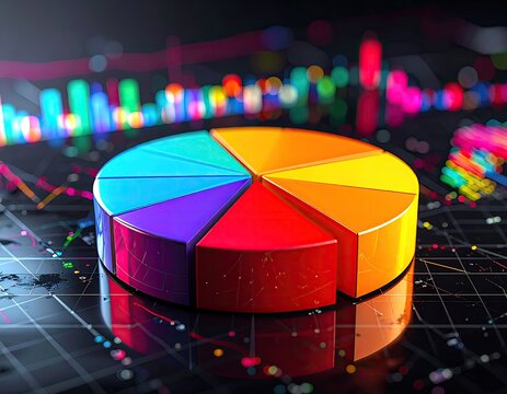 A vibrant, segmented pie chart with background financial data - Powered by Adobe
