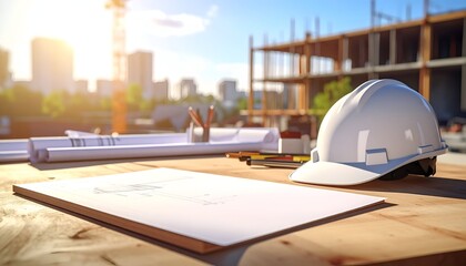 A construction site scene showcases a hard hat, blueprints, and tools under warm sunlight