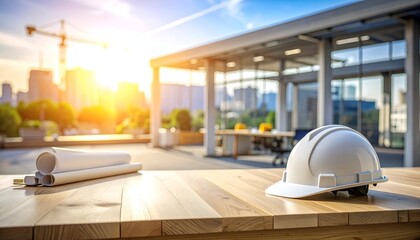 A construction workspace showcasing a hard hat and architectural plans under sunset light