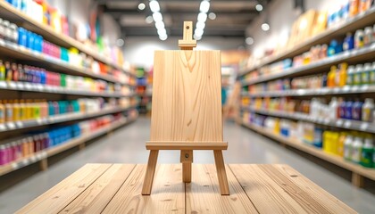 A wooden easel stands in a brightly lit store aisle stocked with colorful paint products