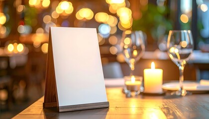 A serene dining setup featuring an empty menu stand, wine glasses, and ambient candlelight